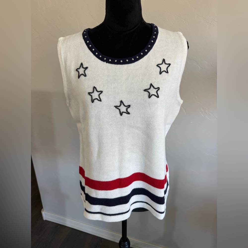 Storybook Knits White Sleeveless Knit Top with Stars & Stripes Design. Size L